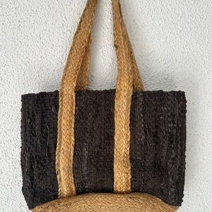 Vintage Leather/ Jute Tote Bag